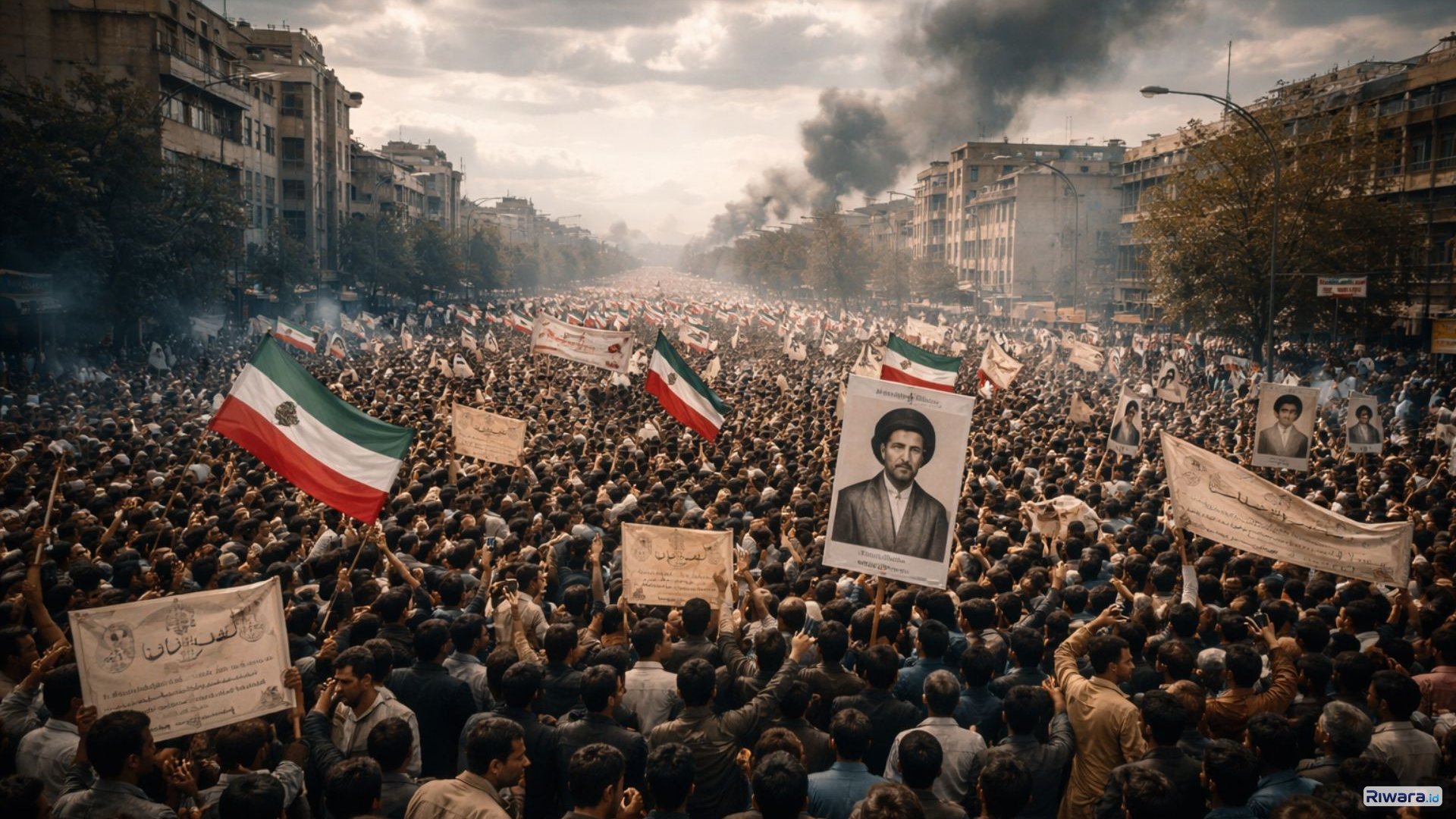 Ribuan warga memenuhi jalanan Teheran saat gelombang demonstrasi besar dalam Revolusi Iran 1979, peristiwa yang akhirnya mengakhiri pemerintahan Shah dan mengubah arah politik negara tersebut.